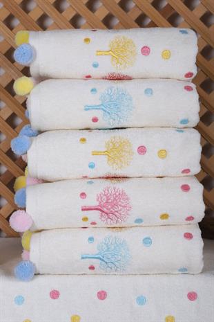 6lı Renkli Ağaç Nakışlı Ponponlu El Yüz Havlu Seti 50x90 cm