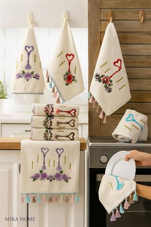 6lı Kalp Çiçek Nakışlı Püsküllü Mutfak Havlusu Seti 30x50 cm