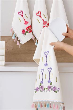 6lı Kalp Çiçek Nakışlı Püsküllü Mutfak Havlusu Seti 30x50 cm
