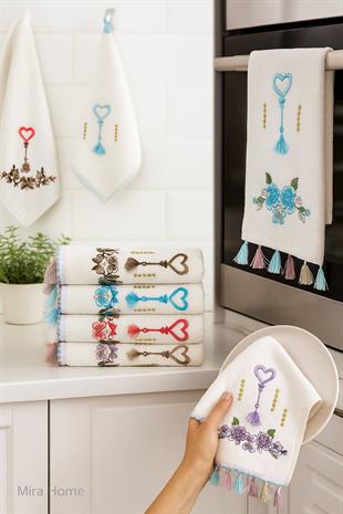 6lı Kalp Çiçek Nakışlı Püsküllü Mutfak Havlusu Seti 30x50 cm