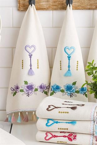 6lı Kalp Çiçek Nakışlı Püsküllü Mutfak Havlusu Seti 30x50 cm