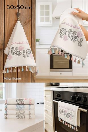 6lı Kanaviçe Nakışlı Püsküllü Mutfak Havlusu Takımı 30x50 cm
