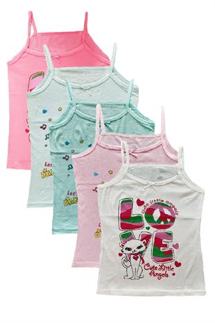 6lı Kız Çocuk İp Askılı Baskılı Düz Renk Atlet Pamuklu Renkli Sdf