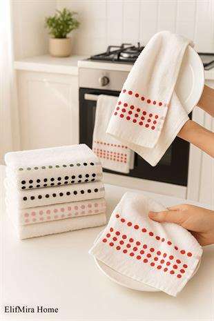 6lı Mutfak Havlusu Seti 30x50 cm %100 Pamuklu Puantiye