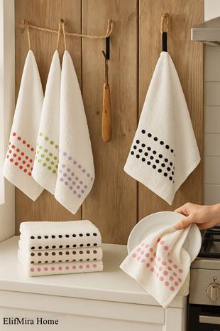 6lı Mutfak Havlusu Seti 30x50 cm %100 Pamuklu Puantiye