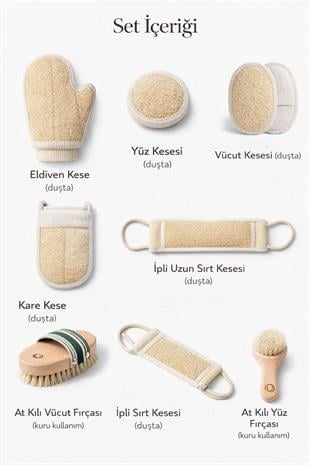 8 Parça Doğal Bakım Full Set - At Kılı Vücut & Yüz Fırçası + 6 Farklı Kabak Lifi Kese Spa Paketi