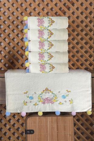 Çeyizlik 6lı Renkli Ponponlu Çiçek Nakışlı El Yüz Havlusu Seti 50x90 cm