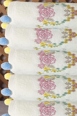 Çeyizlik 6lı Renkli Ponponlu Çiçek Nakışlı El Yüz Havlusu Seti 50x90 cm