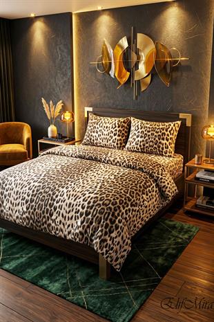 Çift Kişilik Lastikli Çarşaflı Nevresim Takımı  Leopar Desenli