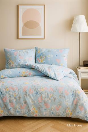 Çift Kişilik Pamuklu Nevresim Takımı Mavi Çiçek Desenli