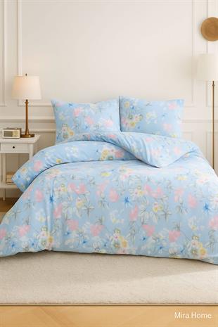 Çift Kişilik Pamuklu Nevresim Takımı Mavi Çiçek Desenli