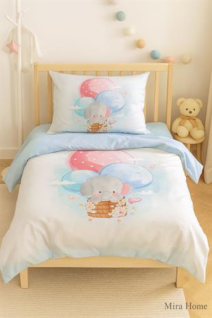 Dijital Baskılı 3d Pamuklu Yenidoğan Bebek Nevresim Takımı Elephant Baloon Blue