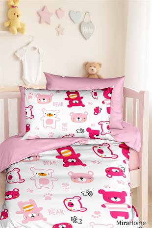 Dijital Baskılı 3d Pamuklu Yenidoğan Bebek Nevresim Takımı Bear Toy Pink