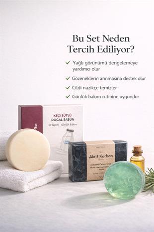 Doğal Sabun Seti 3’lü Bakım Paketi Aktif Karbon /Çay Ağacı /Keçi Sütlü