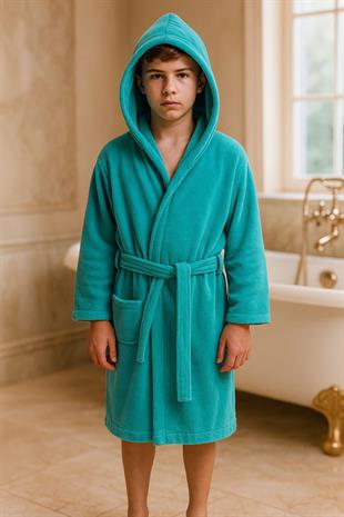 Genç Kız / Erkek Çocuk Kapşonlu Garson Boy Kadife Bornoz %100 Pamuklu