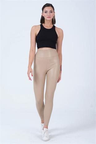 Kadın Deri Tayt Şardonlu Yüksek Bel Toparlayıcı Esnek Rahat