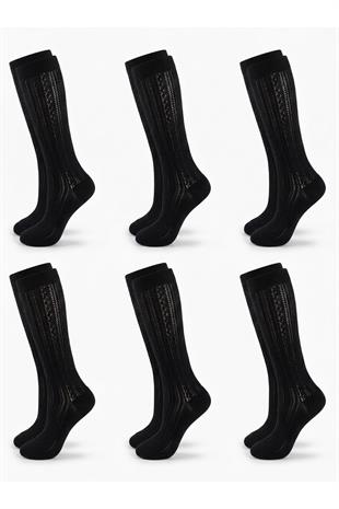Kadın Diz Altı Dantel Görünümlü Ajurlu Çorap 6 Çift %100 Pamuklu Şık Tasarım