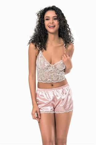 Kadın İp Askılı Bralet Saten Mini Şort Gecelik Takımı Pembe 1210