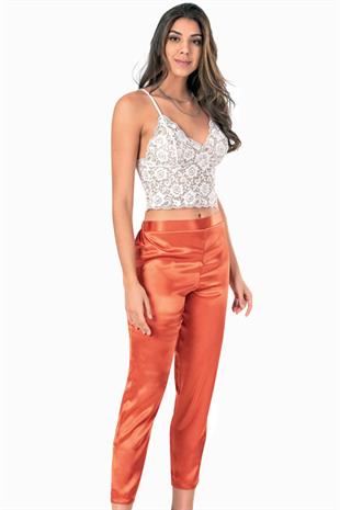 Kadın İp Askılı Bralet Saten Pantolon Pijama Takımı Turuncu Estetik