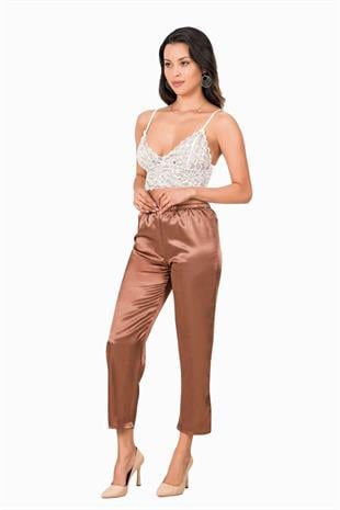 Kadın İp Askılı Bralet Saten Pantolon Pijama Takımı Kahve Estetik
