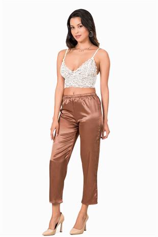 Kadın İp Askılı Bralet Saten Pantolon Pijama Takımı Kahve Estetik