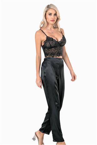 Kadın İp Askılı Bralet Saten Pantolon Pijama Takımı Alt-Üst Siyah