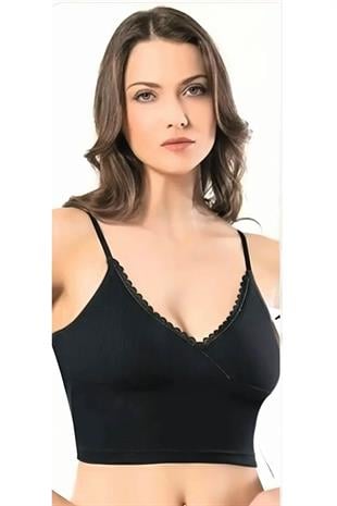 Kadın İp Askılı V Yaka Taşlı Kaşkorse Crop 6437