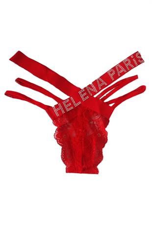 Kadın Kırmızı Önü Dantel Çapraz İpli Taşlı String Tanga