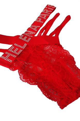 Kadın Kırmızı Önü Dantel Çapraz İpli Taşlı String Tanga