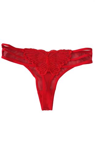 Kadın Kırmızı Önü Transparan Arka Kelebek Detaylı Tanga Külot