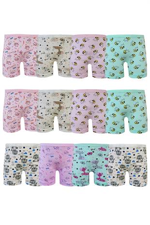 Kota 12li Kız Çocuk Boxer Pamuklu Likralı Baskılı Renkli