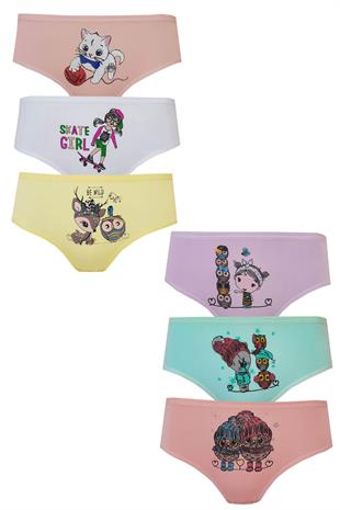 Kota 6lı Kız Çocuk Külot Renkli Desenli Baskılı Slip İç Çamaşır