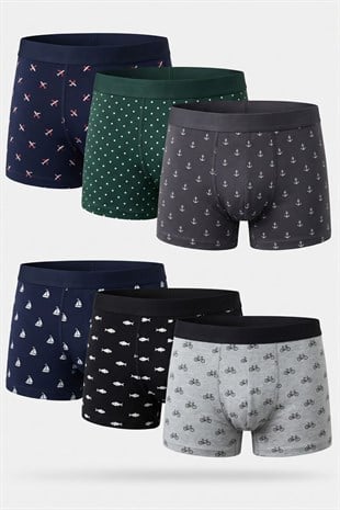 Kota Erkek Baskılı Penye Boxer 6’lı Paket Pamuklu Elastan Karışık Desenli