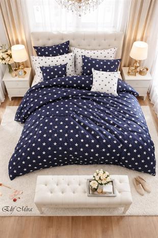 Lüks Çift Kişilik Nevresim Takımı Lacivert Yıldız Desenli Pamuklu Set Sky