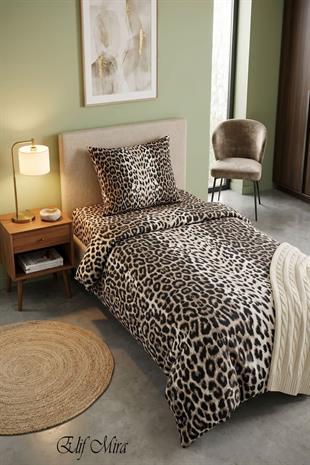 Tek Kişilik Lastikli Çarşaflı Nevresim Takımı  Leopar Desen