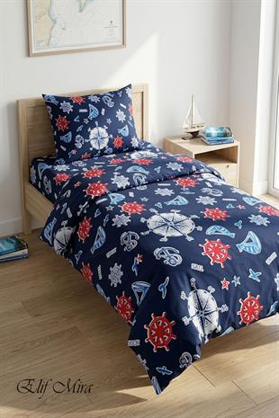 Tek Kişilik Nevresim Takımı Lastikli Çarşaflı Pamuklu Marine Desenli