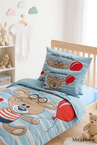 Yenidoğan Erkek Bebek Nevresim Takımı 3D Pamuklu Bear Baloon