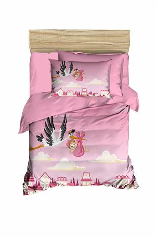 Yenidoğan Kız Bebek Nevresim Takımı 3D Pamuklu Leylek