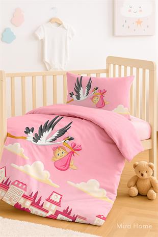 Yenidoğan Kız Bebek Nevresim Takımı 3D Pamuklu Leylek