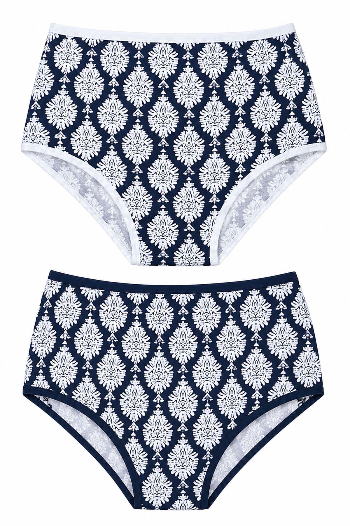 2'li Kadın Damalı Desenli Yüksek Bel Bikini Külot Seti