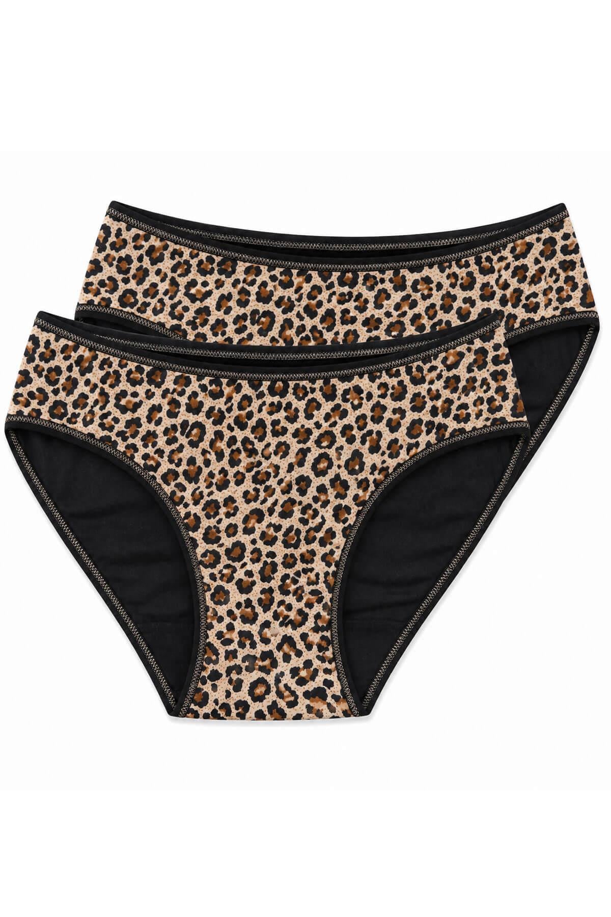 2'li Kadın Leopar Desenli Yüksek Bel Bikini Külot Seti İnce Lastikli