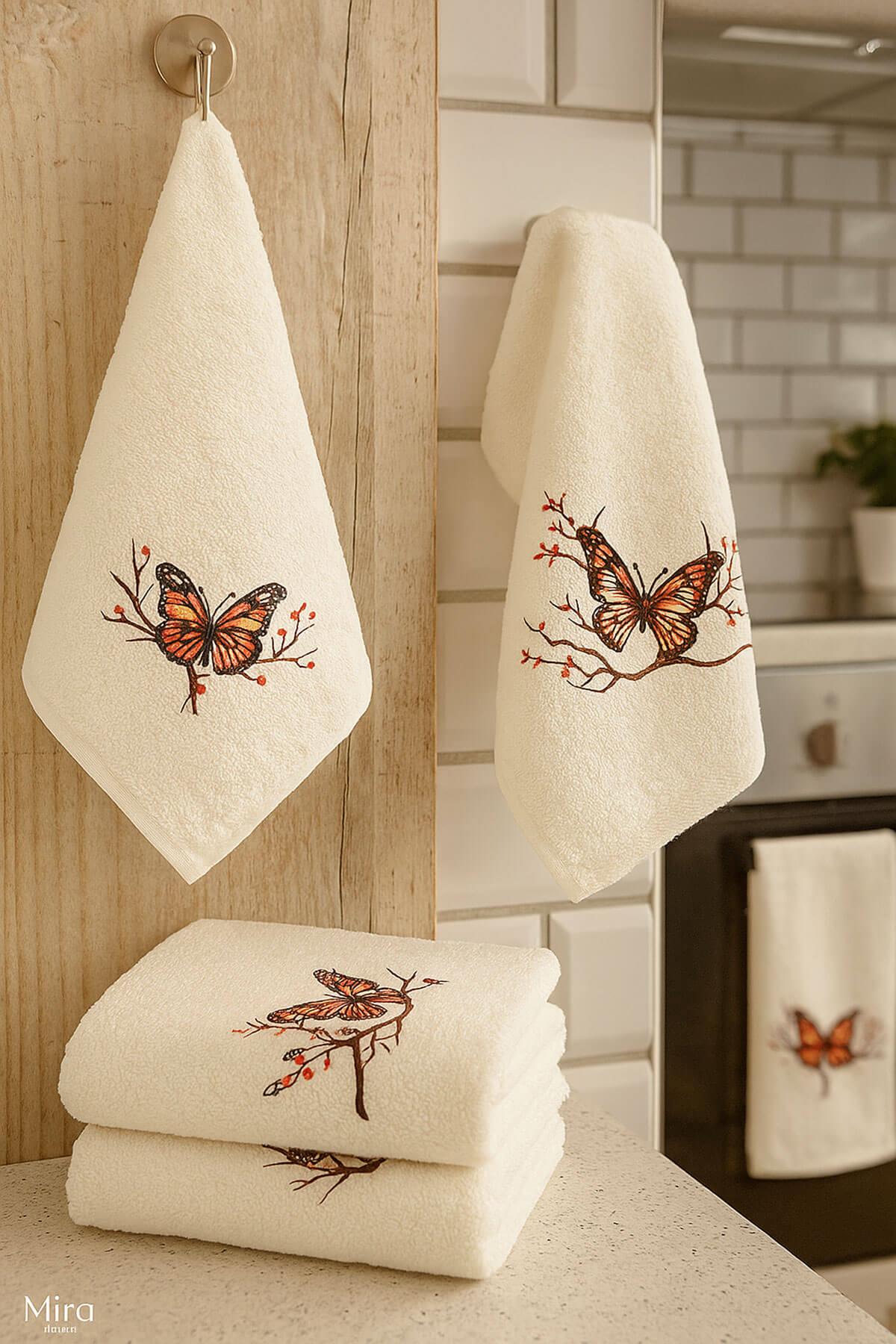 3 lü Kelebek Baskılı %100 Pamuklu Mutfak Havlusu 30 x 50 Cm