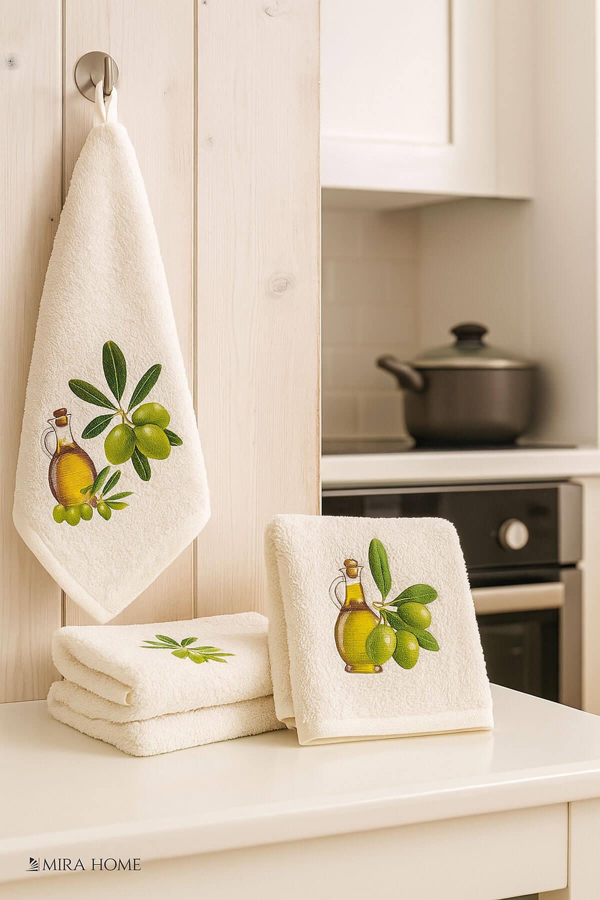 3 lü Zeytin Baskılı %100 Pamuklu Mutfak Havlusu 30 x 50 Cm