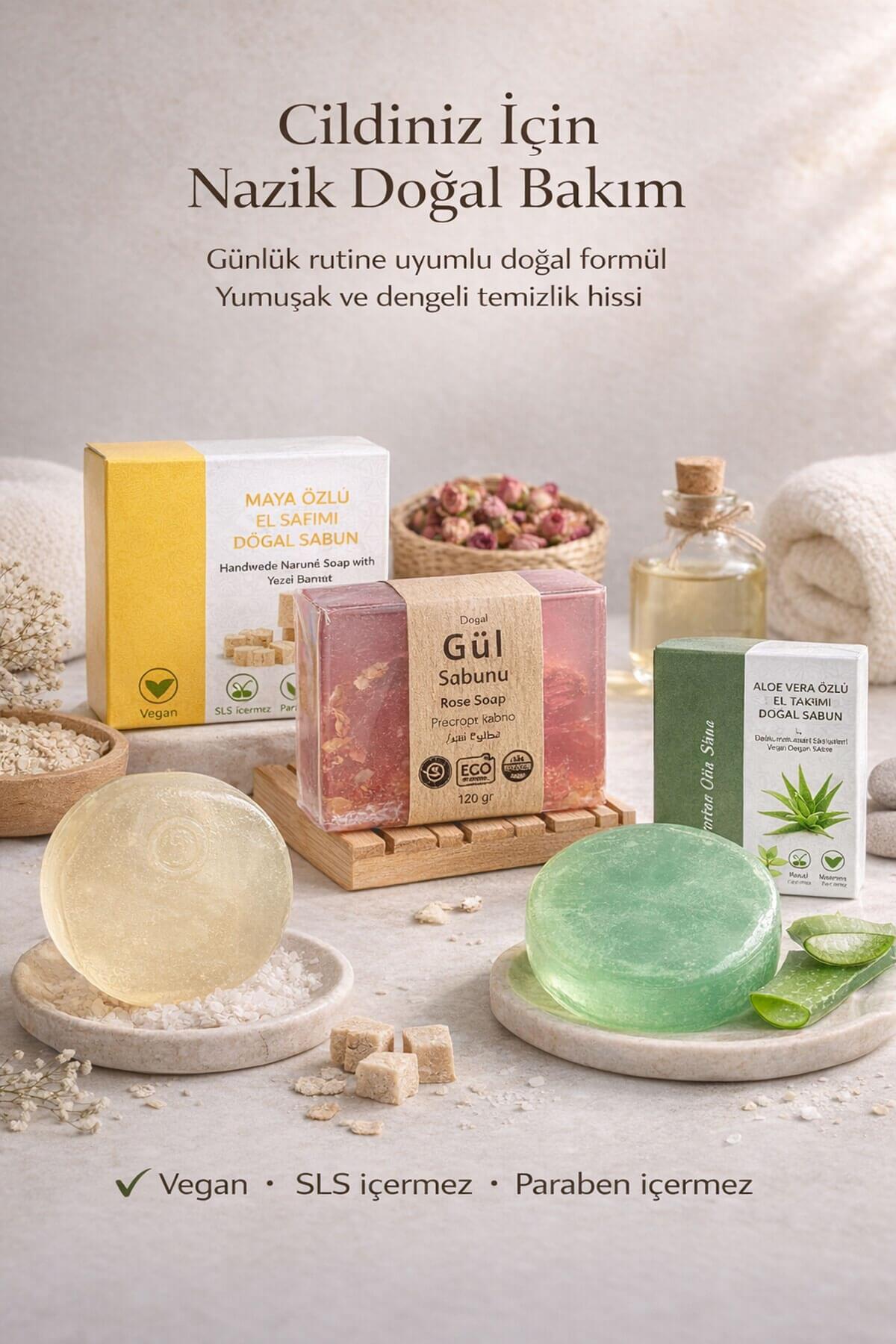 3'lü Doğal Sabun Seti  Maya, Aloe Vera, Gül Özlü - Hassas & Günlük Nazik Bakım Serisi