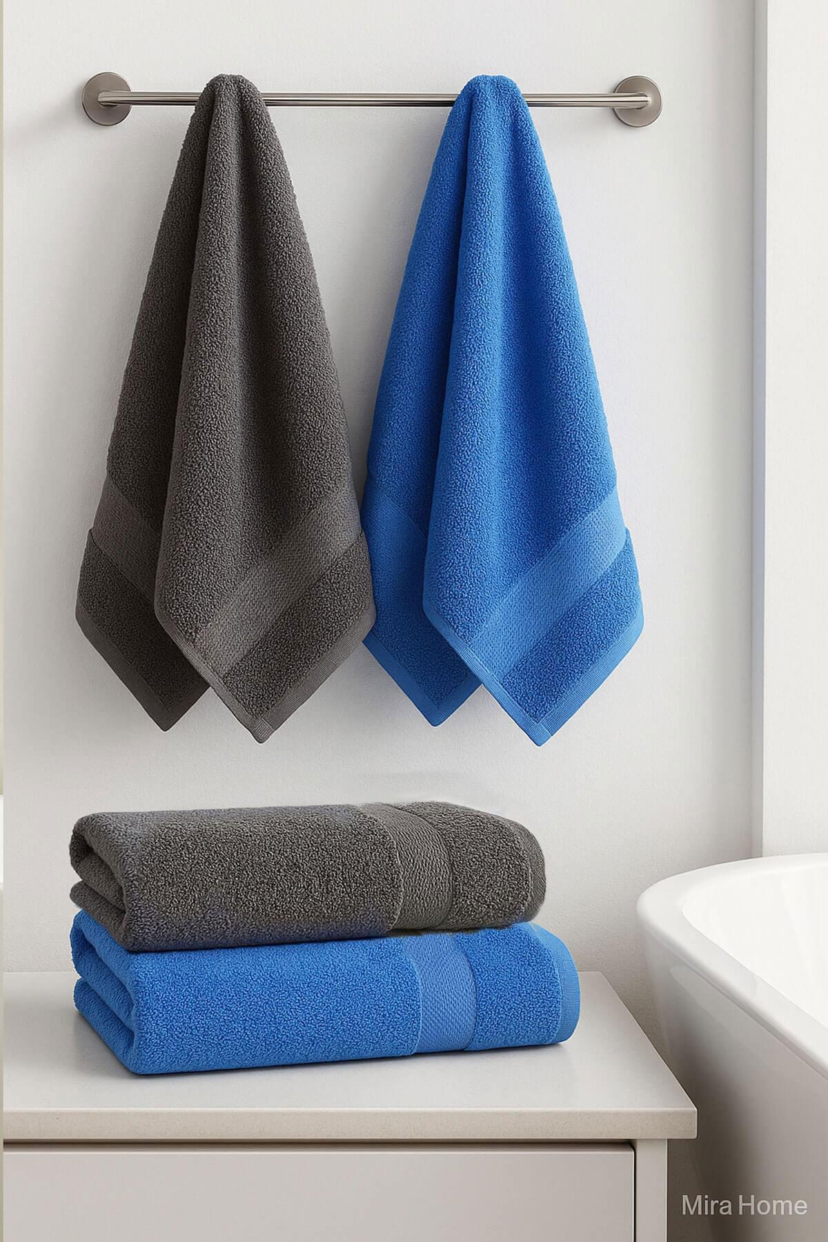 4 Parça Ekonomik Banyo Havlu Takımı %100 Pamuklu Quickdry Mavi