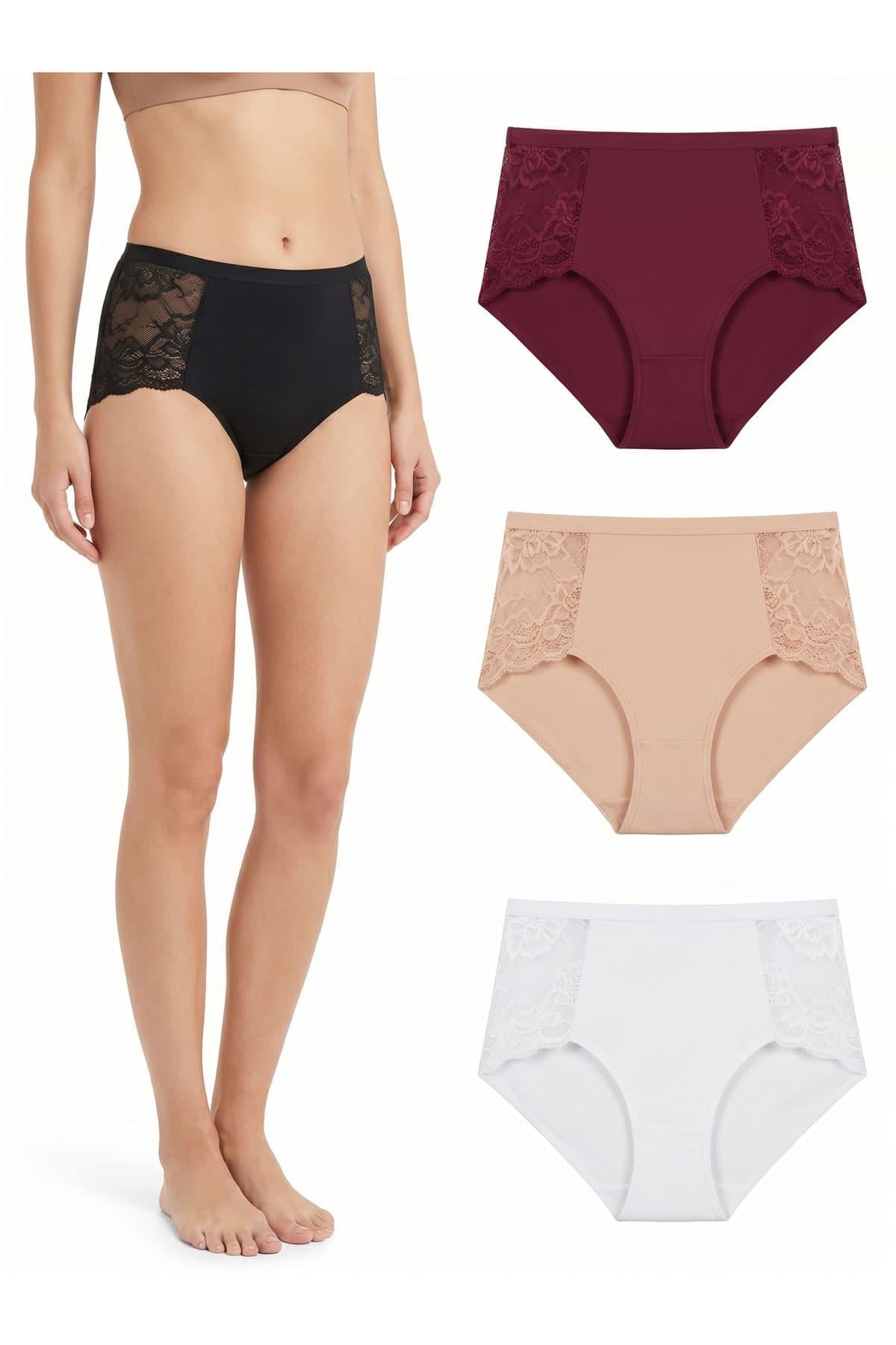 4'lü Kadın Yanları Dantelli Bato Yüksek Bel Külot  Büyük Beden