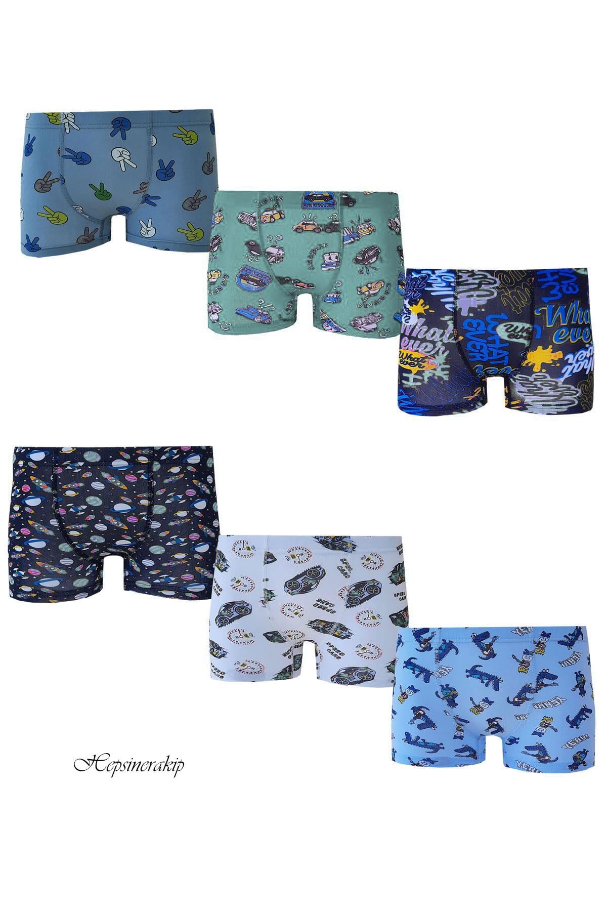 6lı Erkek Çocuk Renkli Desenli Baskılı Boxer Külot