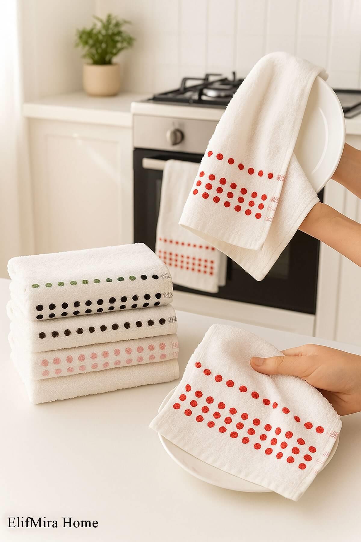 6'lı Mutfak Havlusu Seti 30x50 cm %100 Pamuklu Puantiye