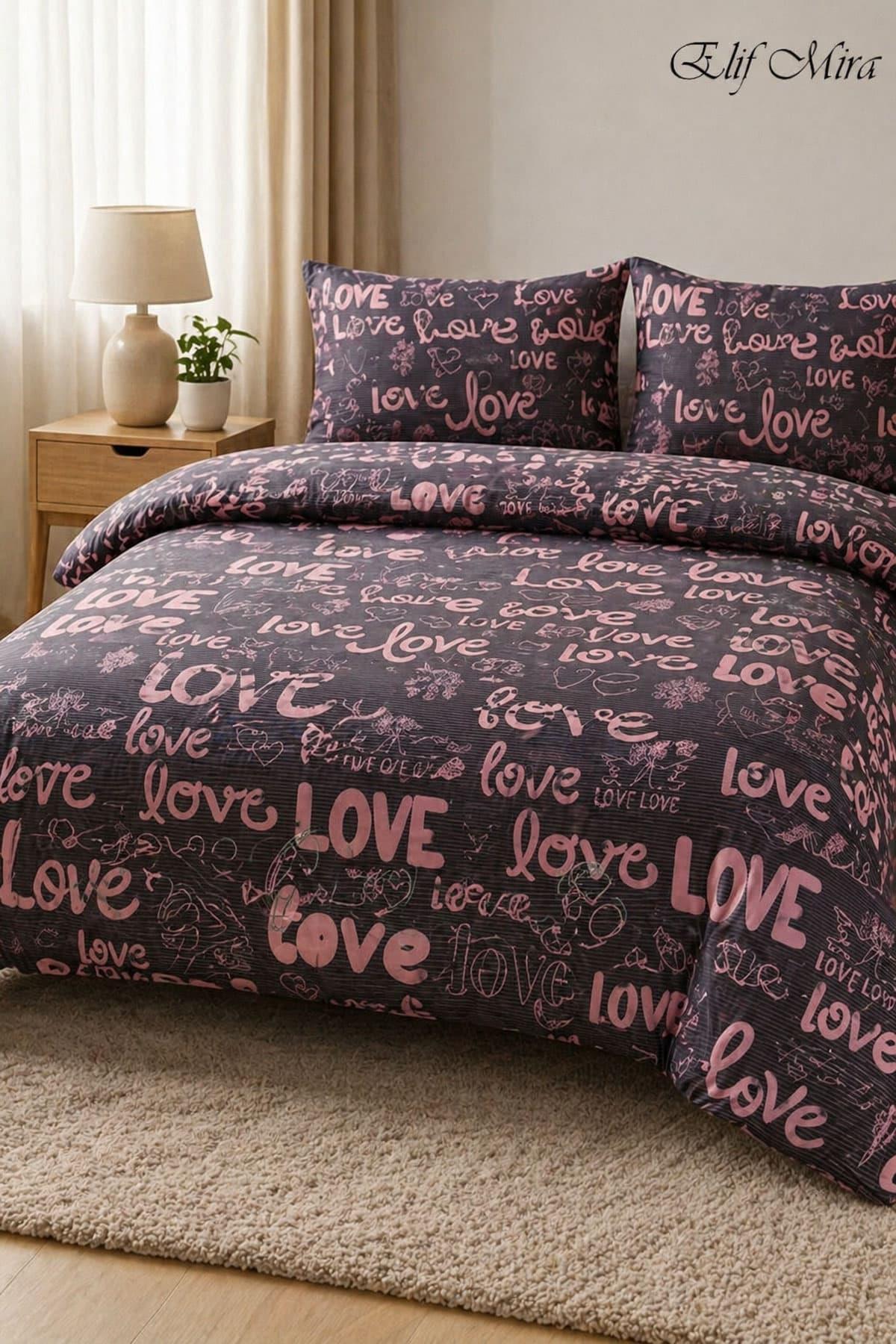 Çift Kişilik Lastikli Çarşaflı Nevresim Takımı  Love Desenli