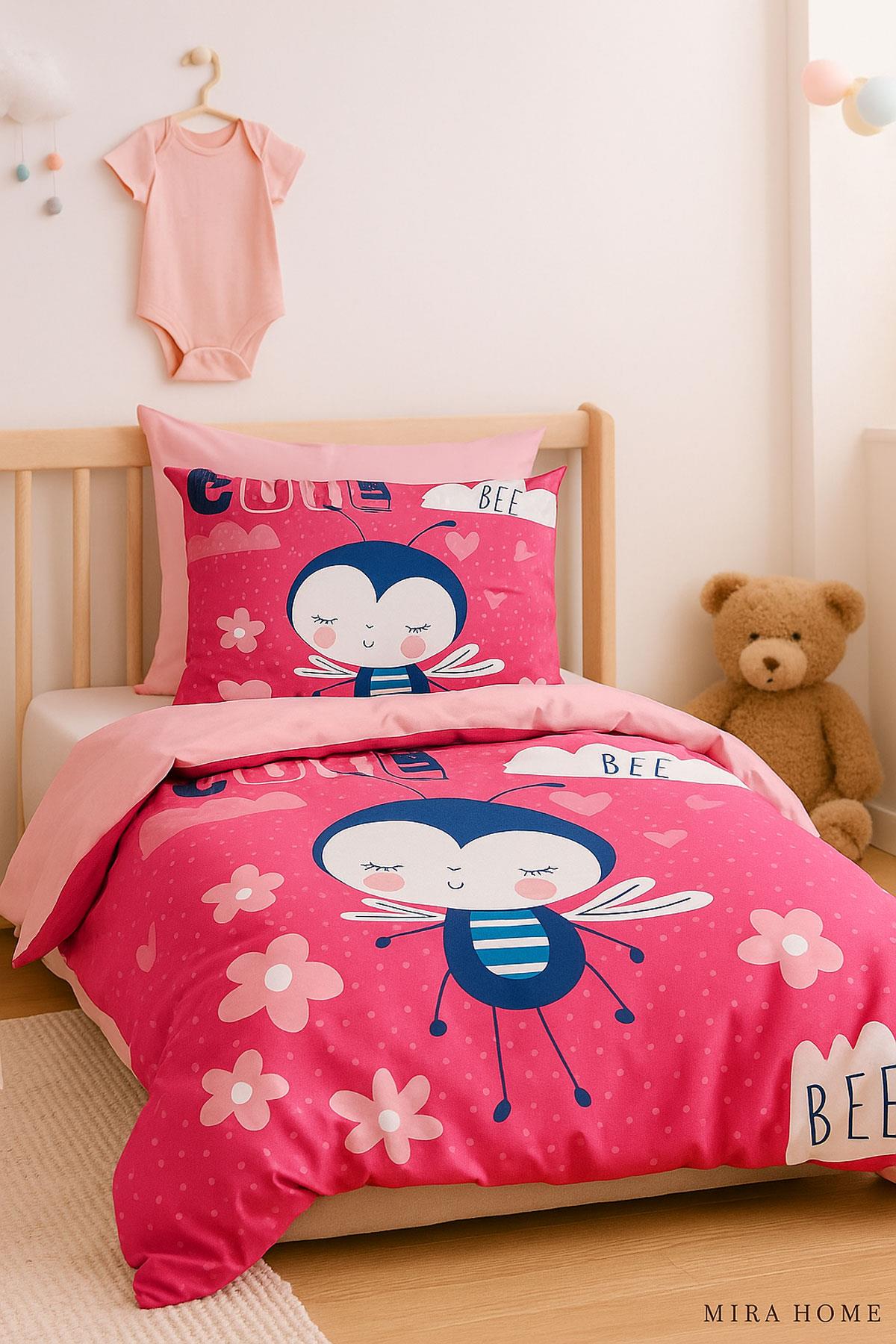 Dijital Baskılı 3d Pamuklu Yenidoğan Bebek Nevresim Takımı Cute Bee Pink